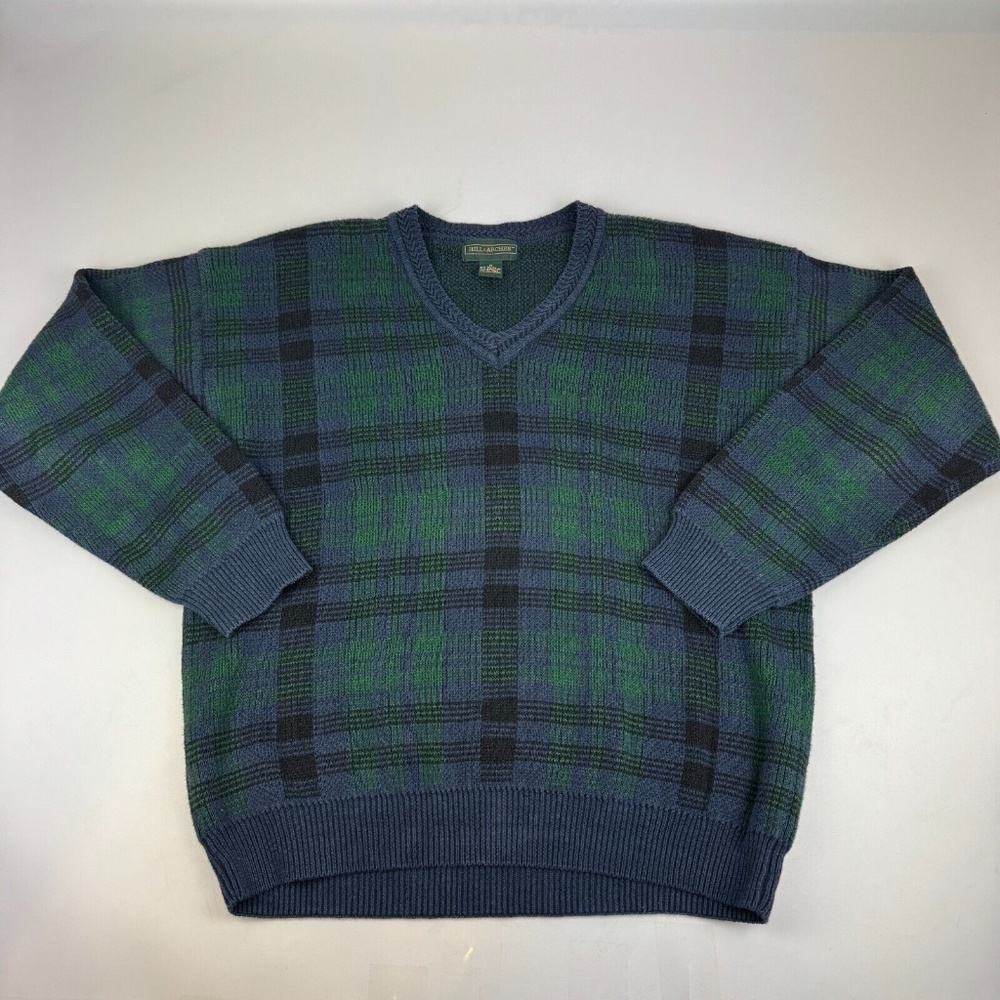 Vintage Hill And Archer Mens Size M V Neck Sweater Plaid Tartan Grandpa Green